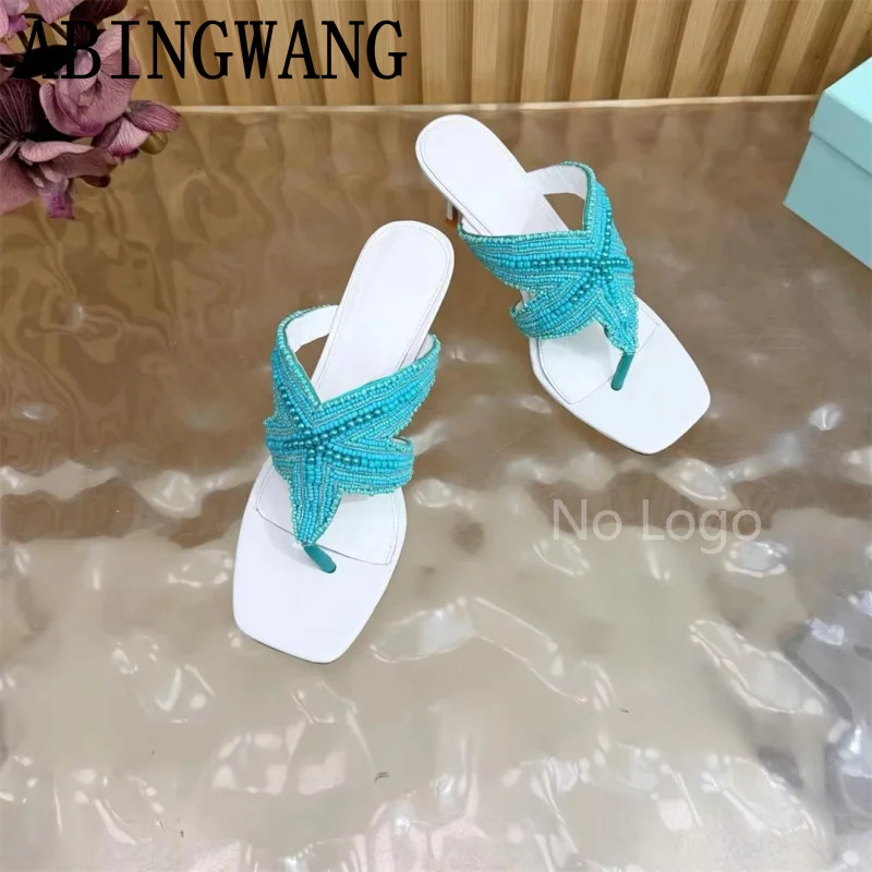 2026 Summer New Flip Flops Slippers Women Slip On Square Toe Lazy Mules Sexy Party Dress Shoes High Heel Slippers Mujer