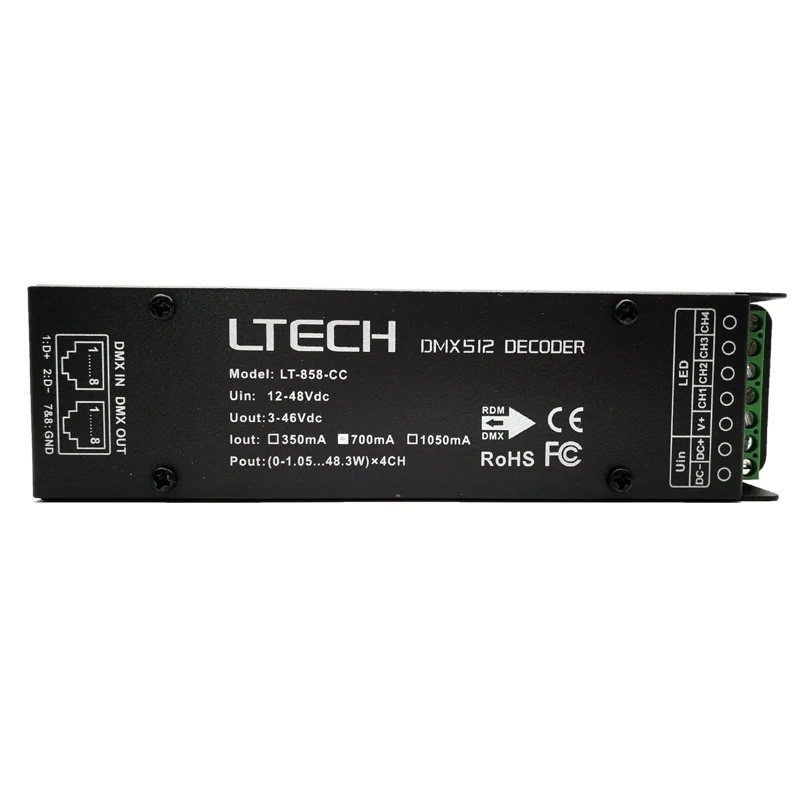 Dekoder DMX Led LTECH CC 4 kanały DC 12V-48V 4CH 350mA 700mA 1050mA wyjście DMX512 stały prąd Slave Port RJ45