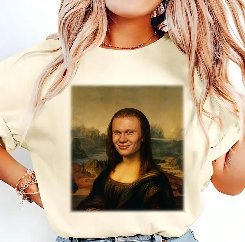 2026 Sommer Lustiges Erling Haaland Mona Lisa Meme T-Shirt 100% Baumwolle Herren Damen Y2K Kurzarm Rundhals Lockeres Shirt – Detail 7