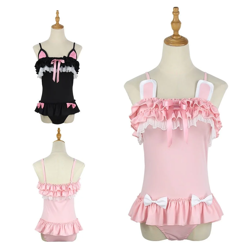 Girl's Swimwears Summer New Style Rabbit Cat's Ears Ruffle Cute One-piece Swimsuits Bow Sweet Japanese Women's Swimsuit