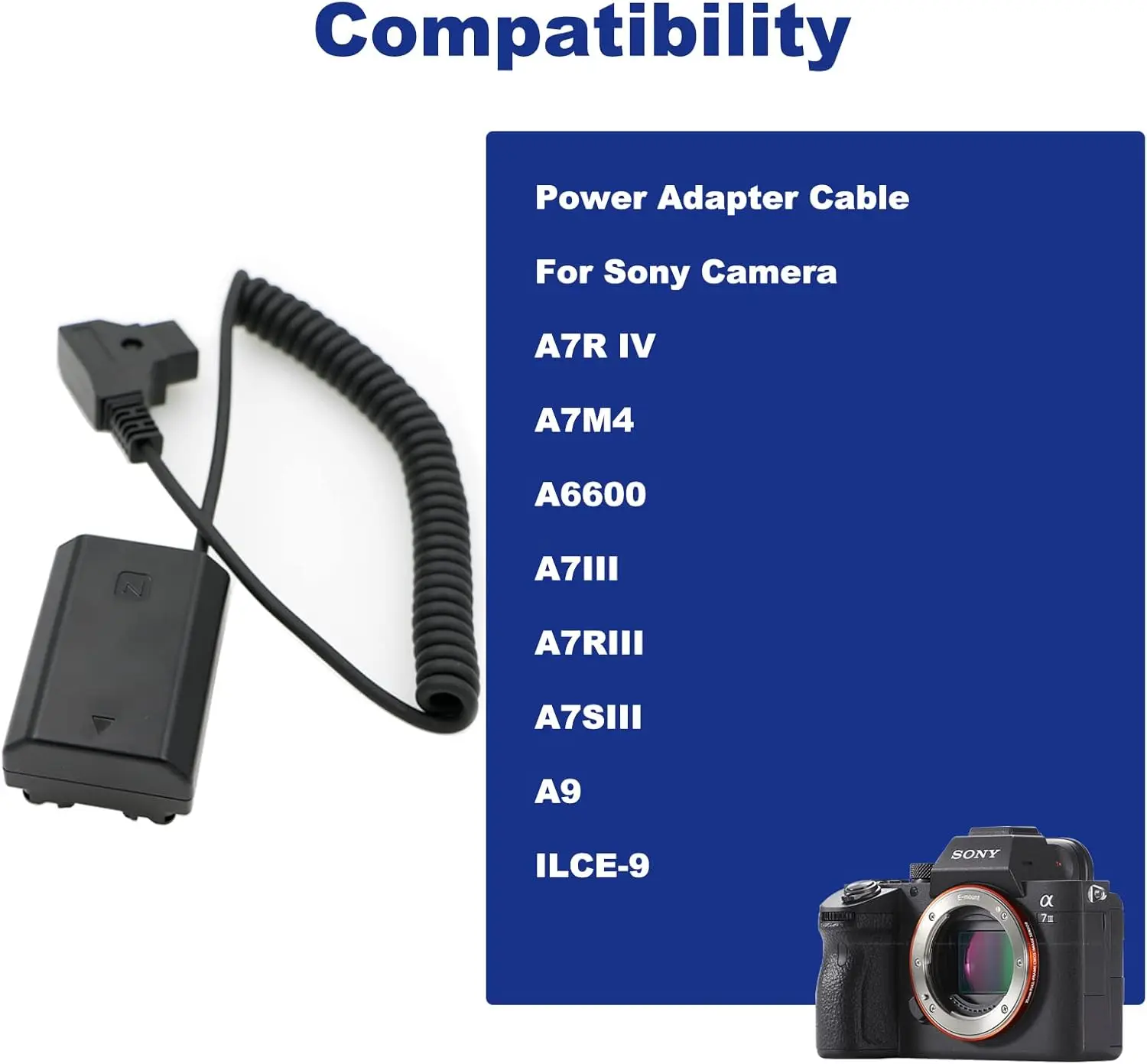 Alvin's Cables NP-FZ100 Dummy Battery to D-Tap Coiled Power Cable for Sony A7III/A7R IV/A7S III/A7C/A7IV/A9/FX3 Camera​