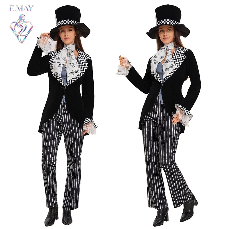 

Halloween Alice in Wonderland Mad Hatter Cosplay Magic Black White Striped Lace Sleeve Performance Costume Women's Fashion