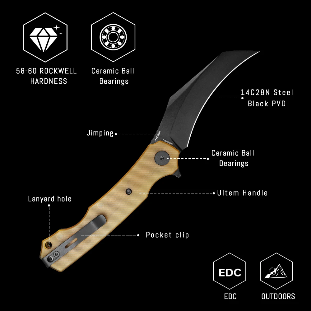 Coltello EDC tascabile Shooziz per uomo, coltello pieghevole Pikal e Ultem/G10, lama ribaltabile Hawkbill in acciaio da 3,15" 14C28N - HAN308