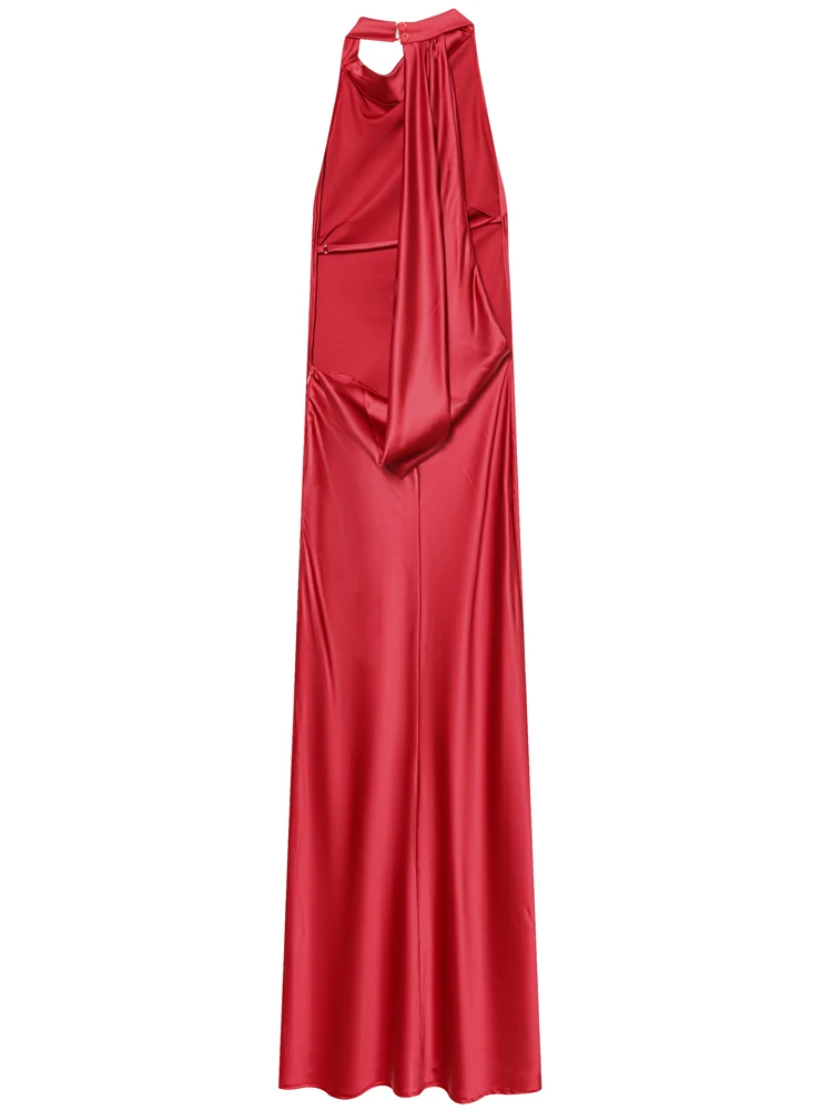 HXAO Sexy rotes Neckholder-Kleid, Damenkleid, Sommer, schick, Satin, rückenfrei, langes Kleid, Midi, ärmellos, Vestidos, elegante Cocktailkleider