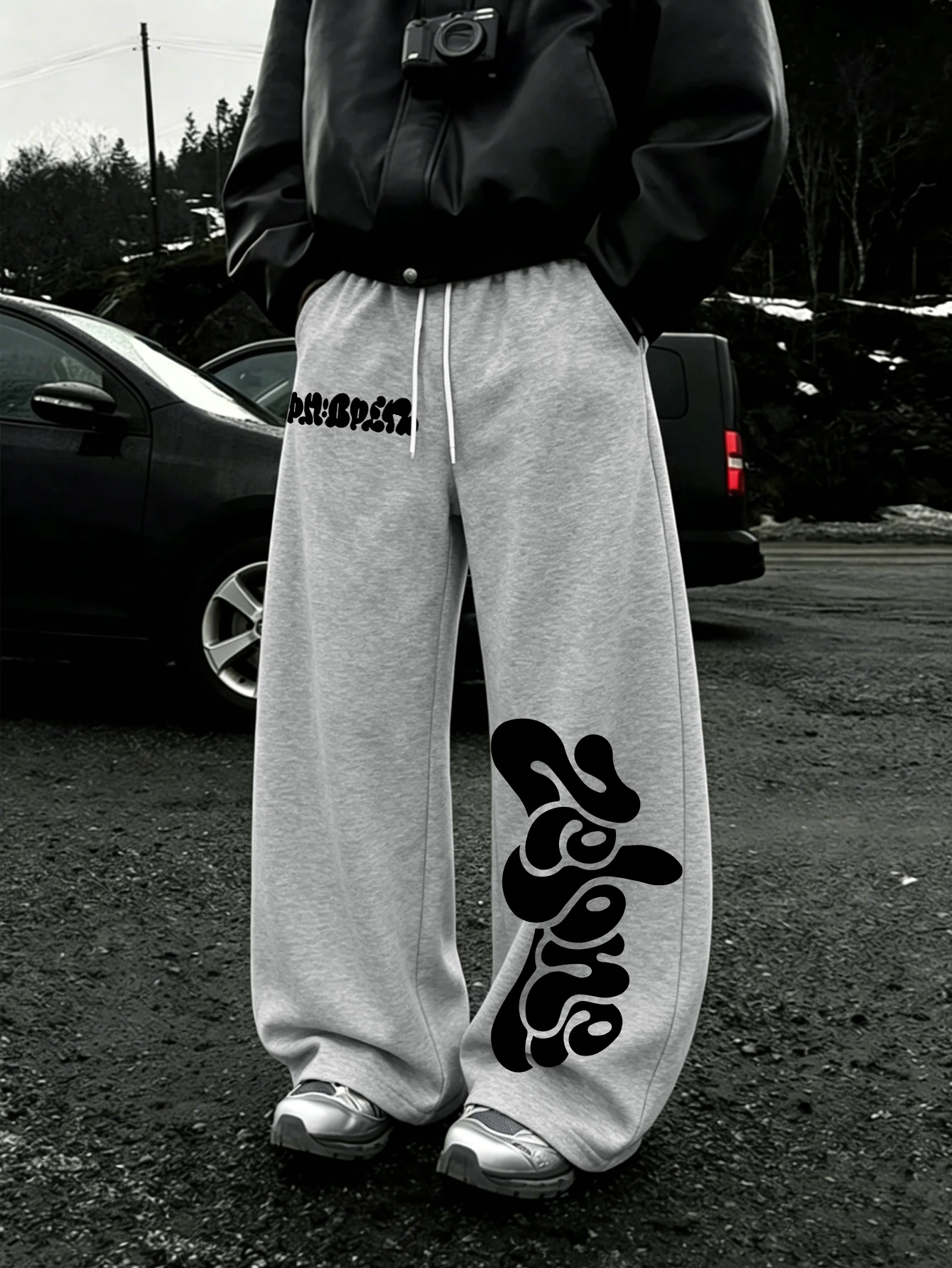 Men Y2K Streetwear Wide Leg Sweatpants, Bubble Graffiti Letter Dual Graphic Single Side Print Drawstring Loose Baggy JoggerPants