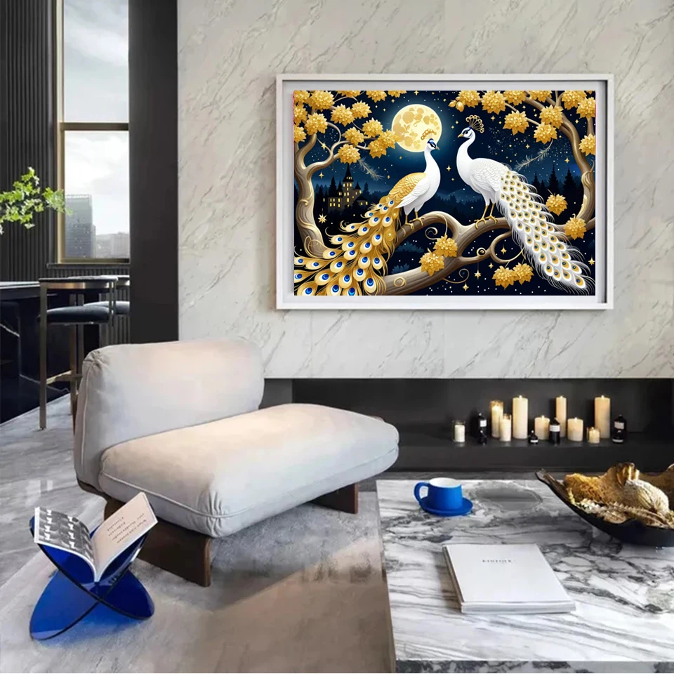 Pavone dorato Pittura diamante fai da te 2024 Gioielli Kit punto croce Fiori Luna Diamante pieno Mosaico Arte 5D Strass Ricamo