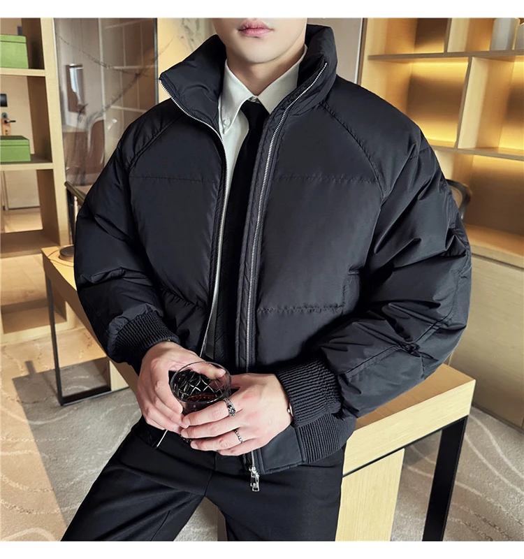 Men's Winter Jacket Stand Collar Long Sleeve Down Jacket Short Parka Feather Down Warm Snow Coat Men's Clothing Coffee Puffer