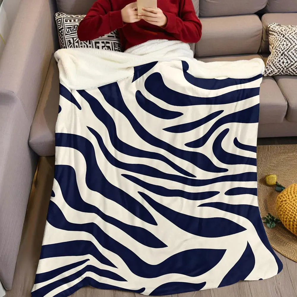 Navy Zebra Print Flannel Blanket Warm Soft Halloween Christmas Decorative Couch Warm Cozy All-Season Gift