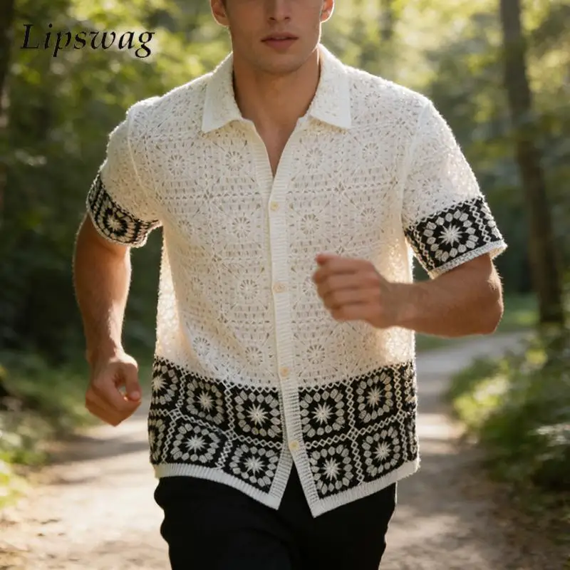 Retro Embroidery Knit Mens Shirt Short Sleeve Button-up Lapel Hollow Out Knitted Shirts 2026 Summer Casual Men See Through Shirt