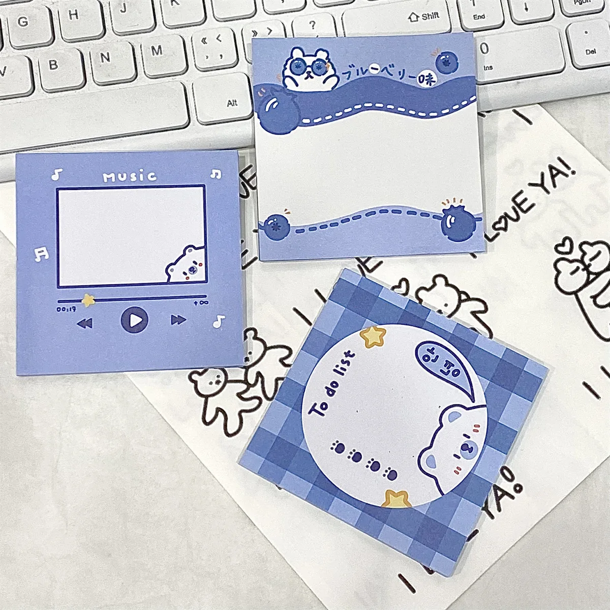 50sheets 8cm Cute Cartoon Blue Bear Series Sticky Note Student Memo Pad Mini Pocket Notepad Daily Planner To-do List Stationery