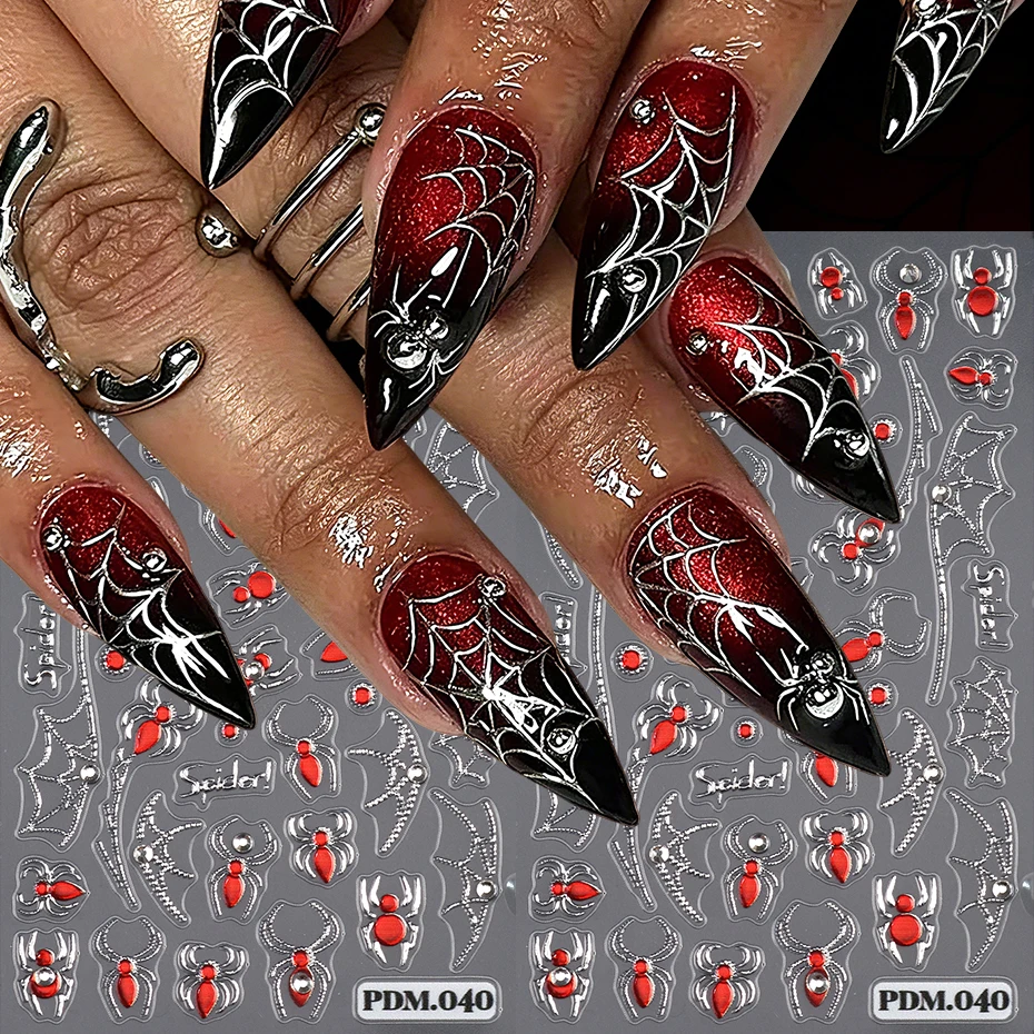 1/2 Stück Silberne Spinnennetz-Nagelaufkleber 3D Metallische Spinnen-Strass-Nagelkunst-Dekorationen Gotische Halloween-Charms