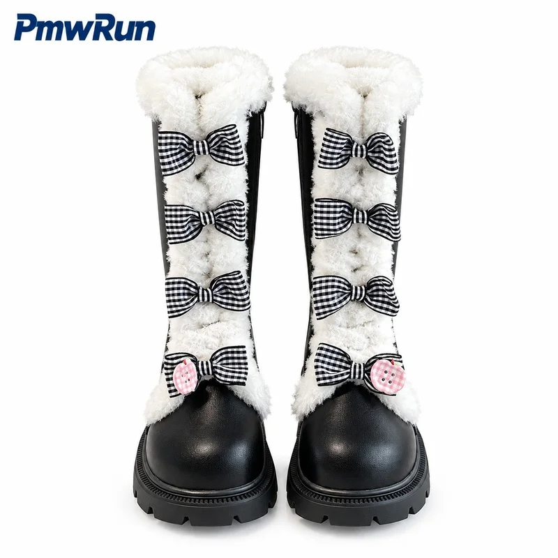 Faux Fur Winter Long Boots For Girls Korean Style Bow Plush Footwear For Children PU Leather Waterproof Padded Cotton Shoes