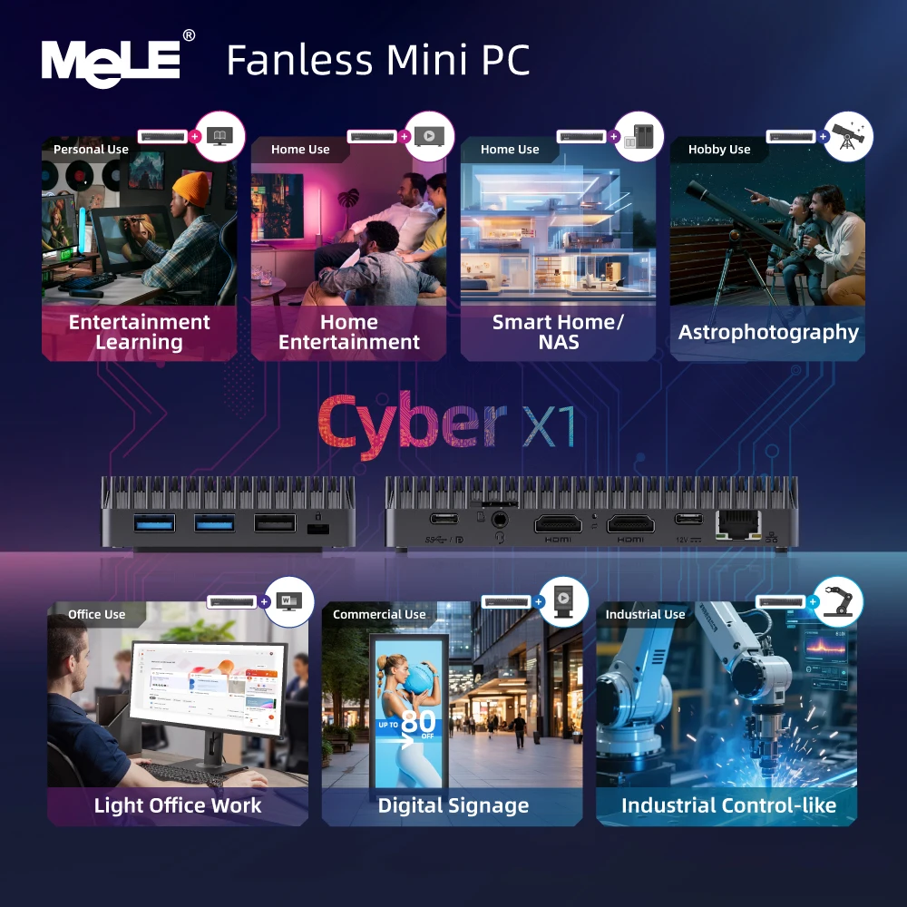 MeLE Fanless Mini PC N150 8GB DDR4 128GB,Industrial Grade Micro Computer Cyber X1,Dual HDMI,4K Display,USB 3.2,USB C,WiFi5 BT5.1