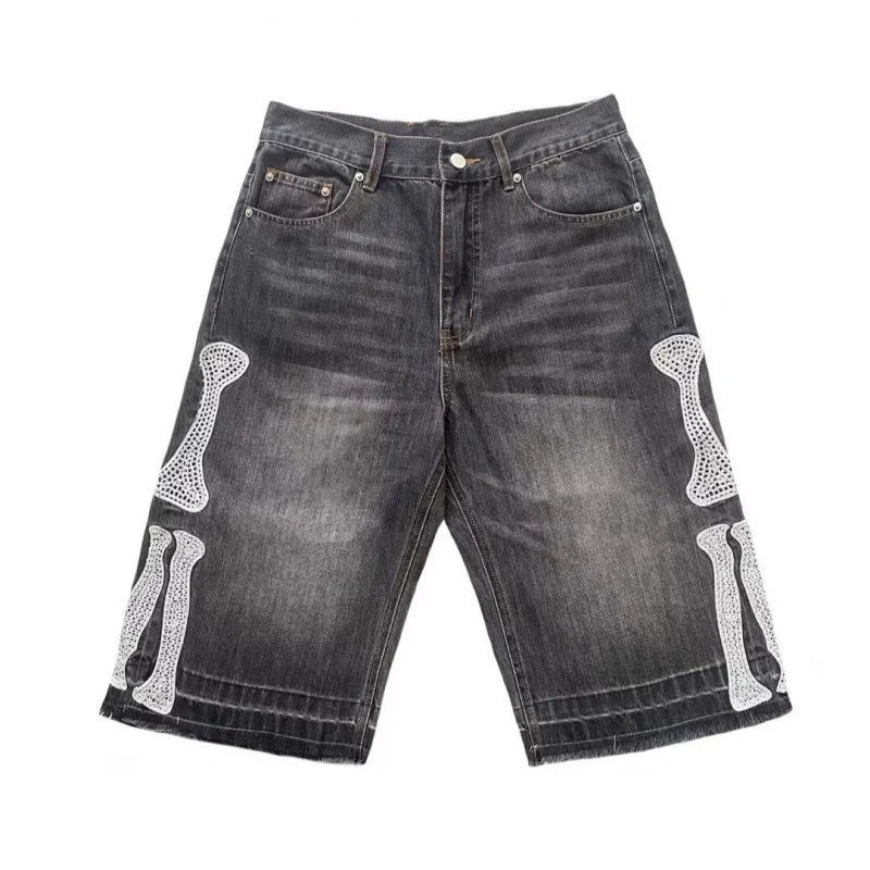 

Trendy Embroidered Five-Point Shorts Men High Street Retro Bone Embroidery Loose Casual Mid-Length Shorts