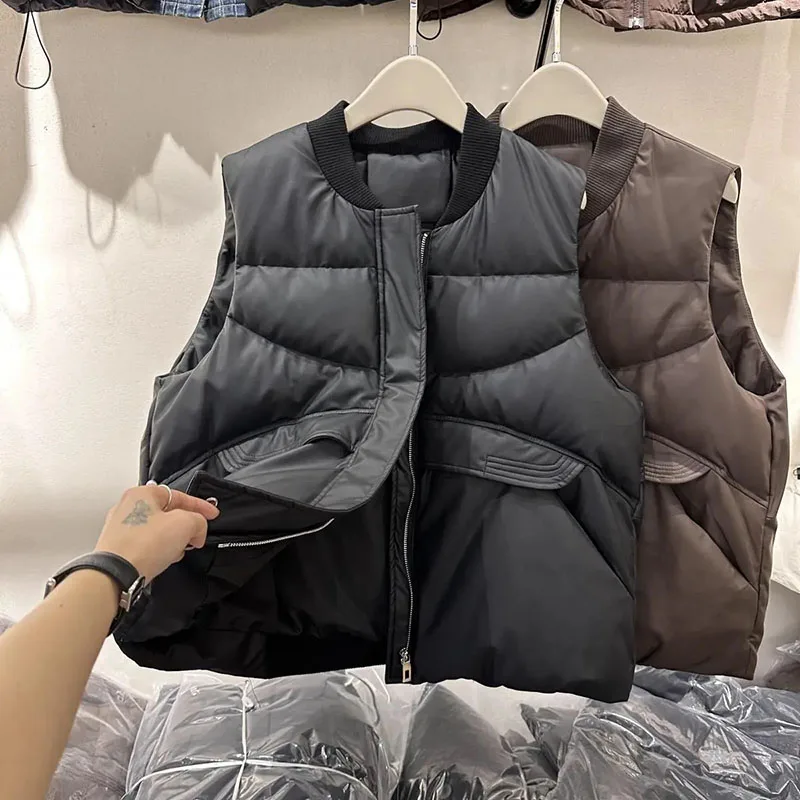 

Winter Pu Skin Down Cotton Vest Jacket Women 2025 New Sleevele Parkas Warm Short Vest Coat Female Waistcoat Overcoat Ladies Tops