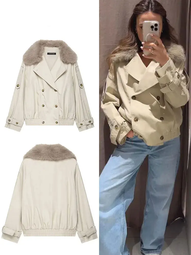 

Women's Short Waterproof Windbreaker Lapel Double Breasted Pockets Coats 2025 Autumn Commute Jacket Office Lady Outwear