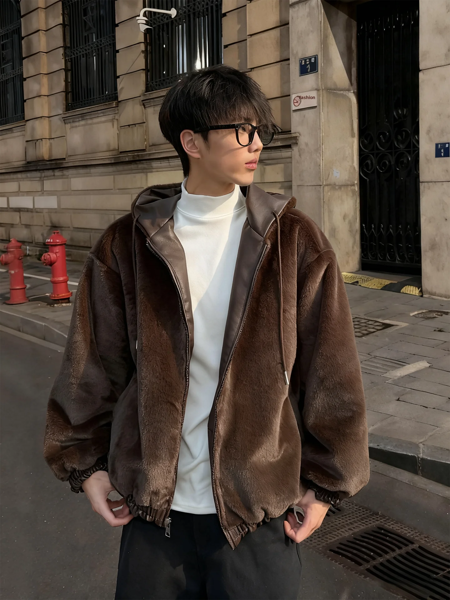 

Мужская двусторонняя одежда на подкладке из искусственного меха, хлопковое пальто из искусственной кожи, зимнее теплое пальто с капюшоном, модная повседневная верхняя одежда