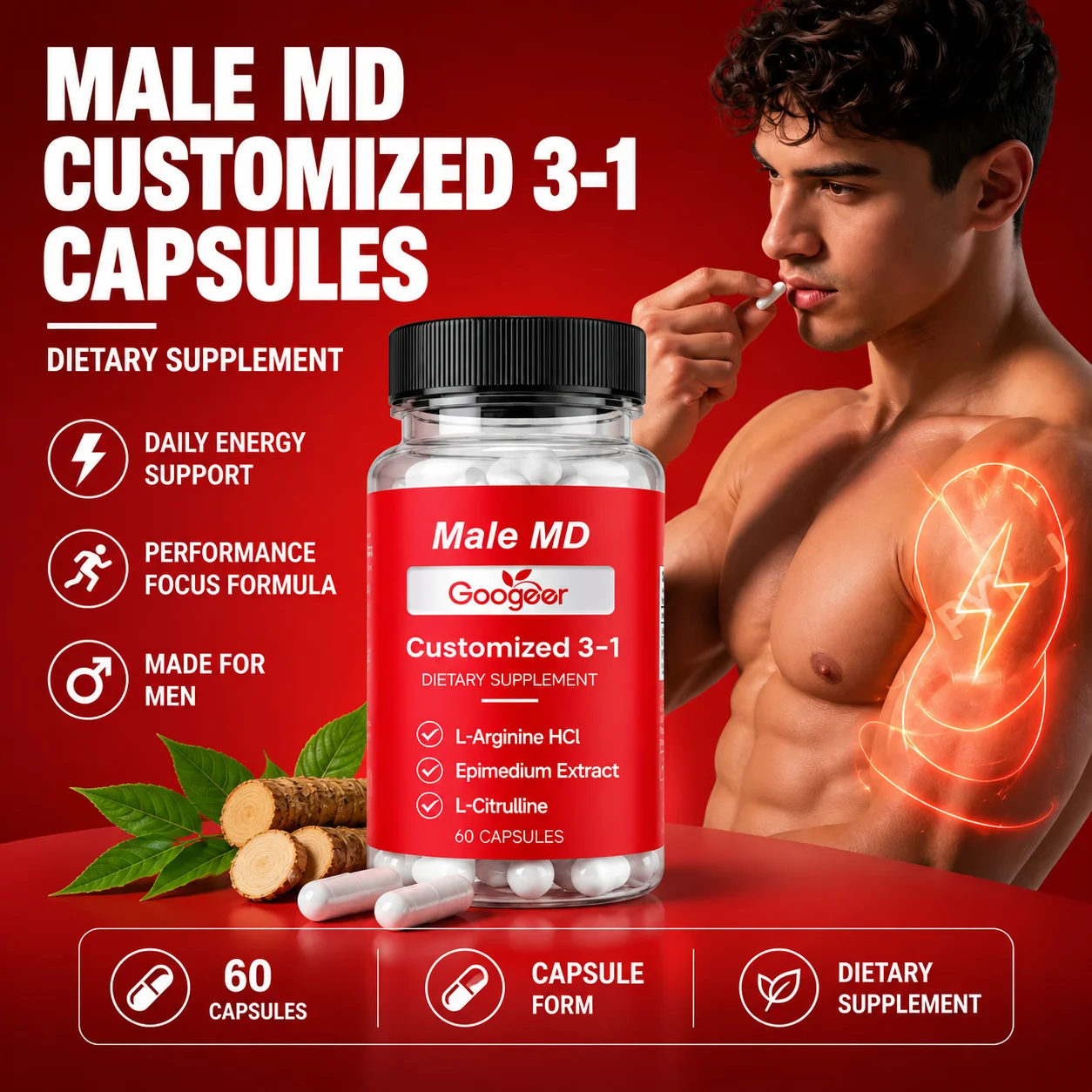 Googeer Men's Daily Performance Wellness Capsules 3-in-1 L-Arginine HCL L-Citrulline Epimedium Extract Adults 60 Caps 30 Days