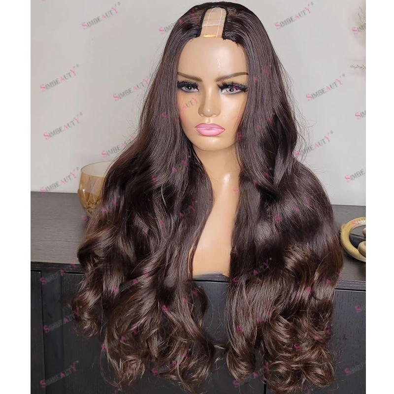 Dark Brown Loose Wavy Human Hair Opening 1X4 Size U Part Wigs for Black Women Glueless 200Density Adjustable V Part Daily Wigs