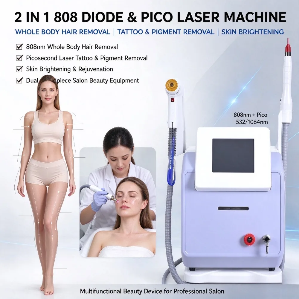 Dual Handle 808 + Pico Laser Beauty Machine, Full Body Hair Removal & Skin Pigment Treatment Equipment