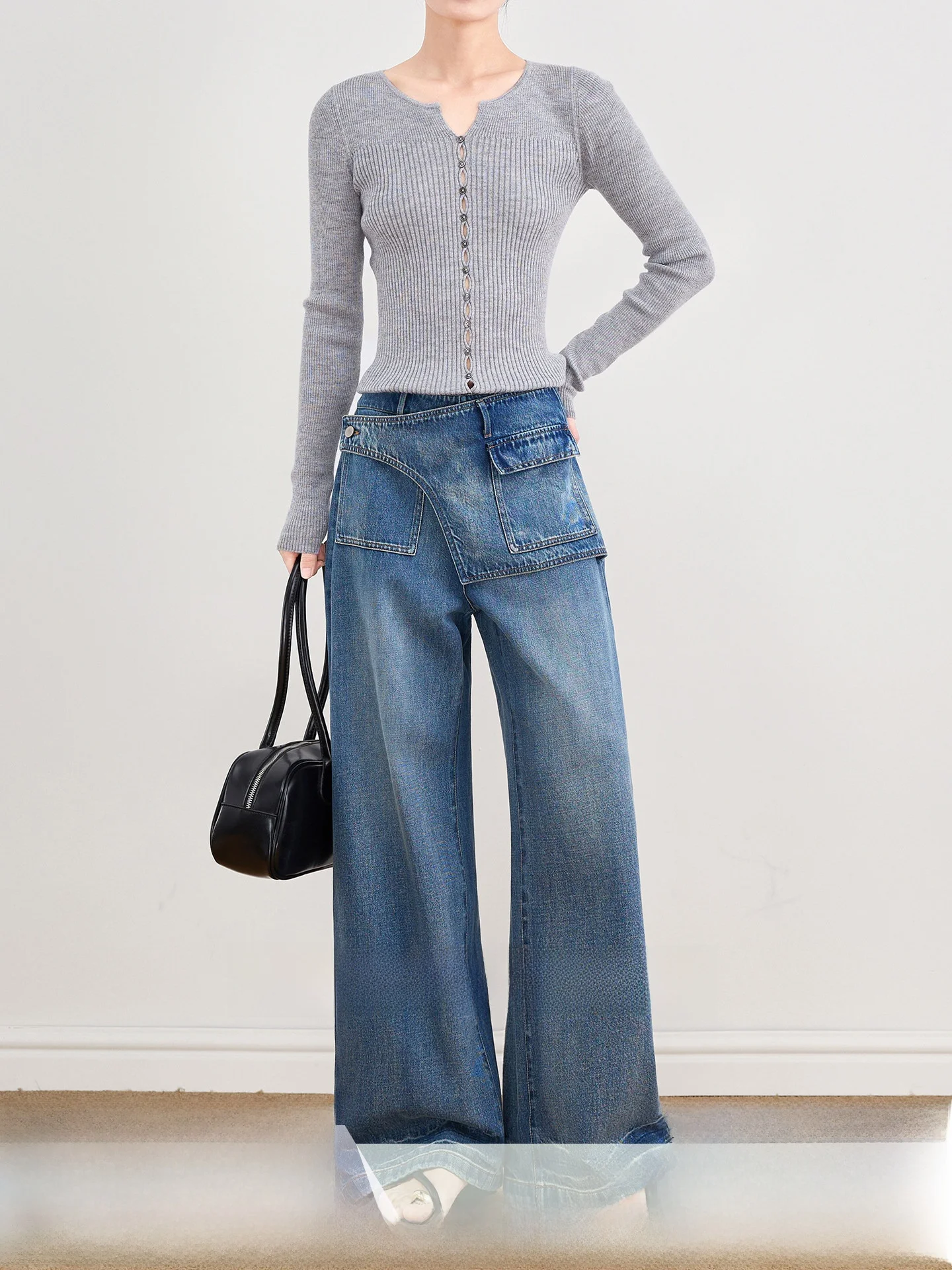 

Retro Worn-in Lyocell Denim Jeans High Waist Wide Leg Casual Thin Ladies Pants Cotton Blend Elastic Comfortable Daily Wear
