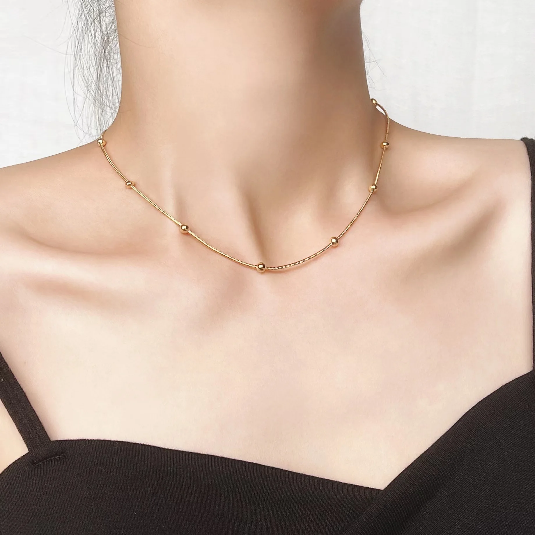 New Gold bead Snake Bone Chain Necklace Bracelet Set for Women Stainless Steel Gold Plated Color Charm Personality Accessories image 3