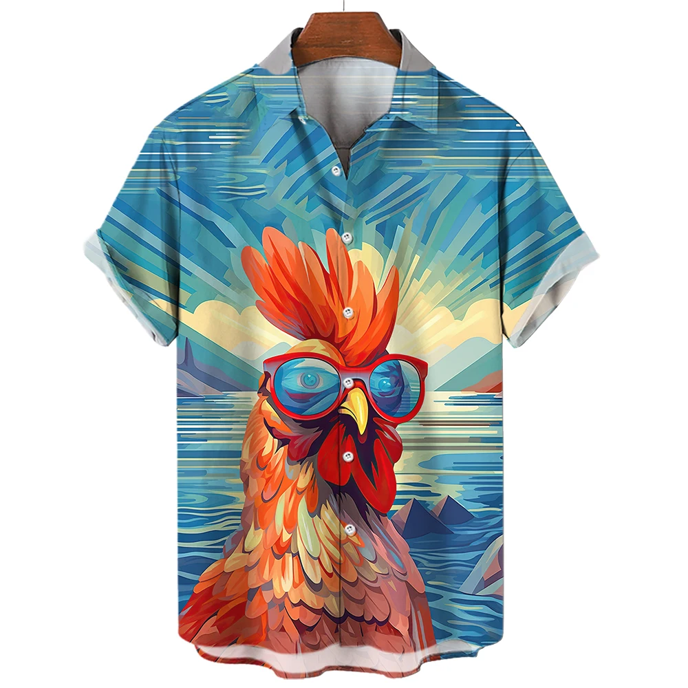 Men's Beach Chicken Printed Elegant Short Sleeved Summer Hawaiian Shirt Social Y2k Harajuku Oversized Tops Daily Casual Clothing