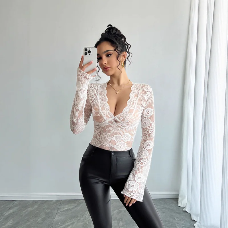 

2025New Autumn and Winter Women's Solid Color Sexy Lace Slim FitVCollar Long Sleeve T Women's T-shirt
