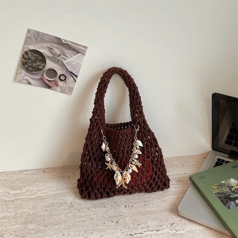 Summer Hollow Out Crochet Mesh Tote Bags Hot Sale Mini Beach Youth Shoulder Purse Shell Starfish Chain Hot Pink Woven Handbag view 2