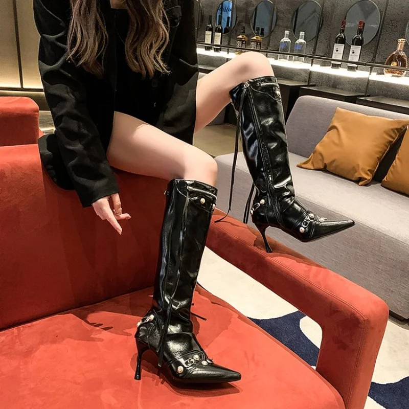 Sexy Knee High Boots 2024 Winter Boots Brand Design Super High Thin Heels With Rivet Retro Fashion Cool Women Shoes Big Size 46