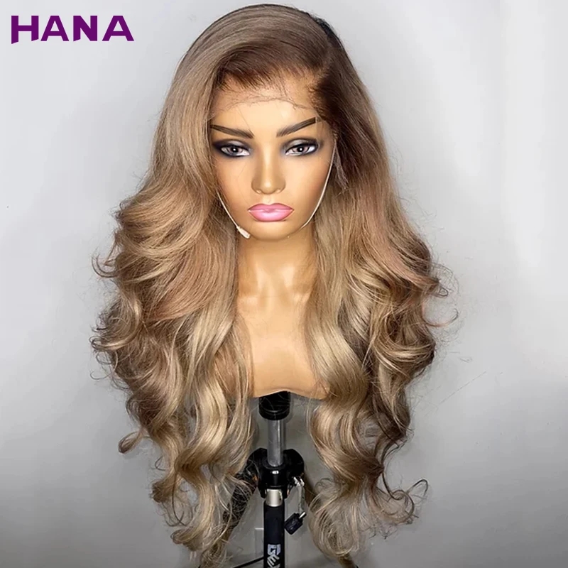 

Ombre Ash Blonde With Brown Roots Colored 13X6 Transparent Lace Frontal Human Hair Wig PrePlucked Body Wave 5X5 Lace Closure Wig