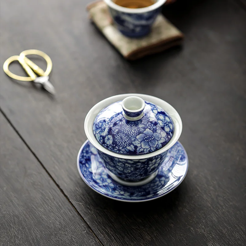 Jingdezhen-azul e branco antigo gaiwan chávena, high-end kung fu chá conjunto, grande capacidade, não-escaldar, ameixa flor