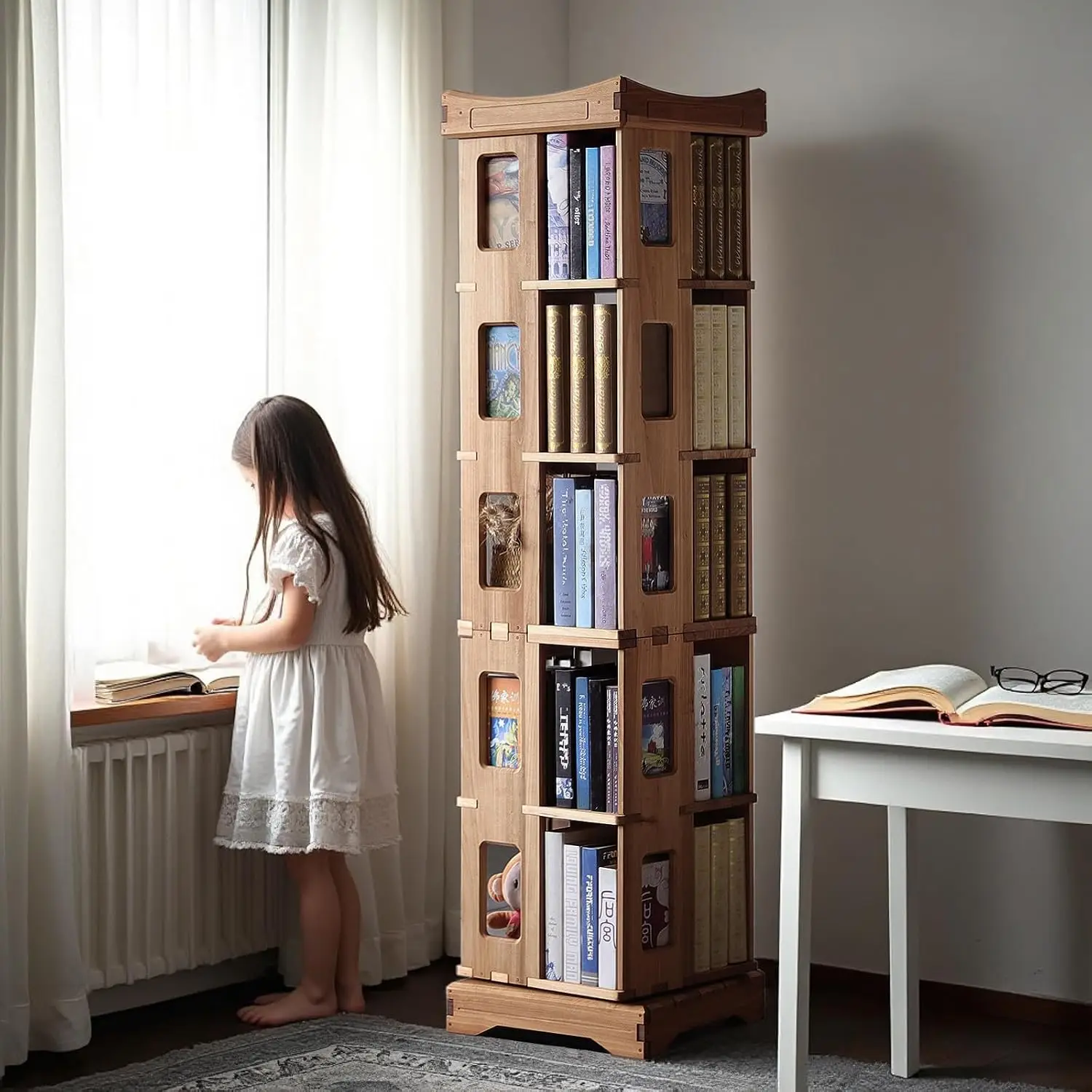 Wood Rotating Bookshelf 360° Spinning Tower Floor Corner Storage Rack Small Space Study Office 17