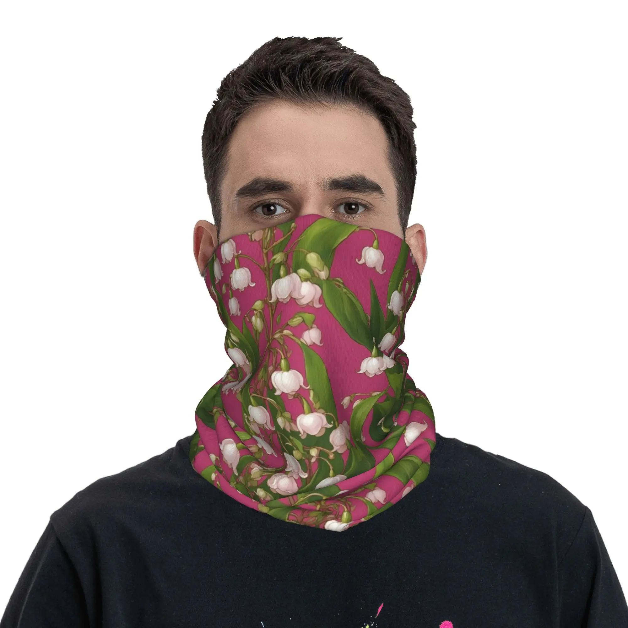 Floral Pattern Fuchsia Pink Lily of the Valley Flowers Bandana Neck Gaiter Printed Wrap Scarf Headband Cycling Unisex All Season
