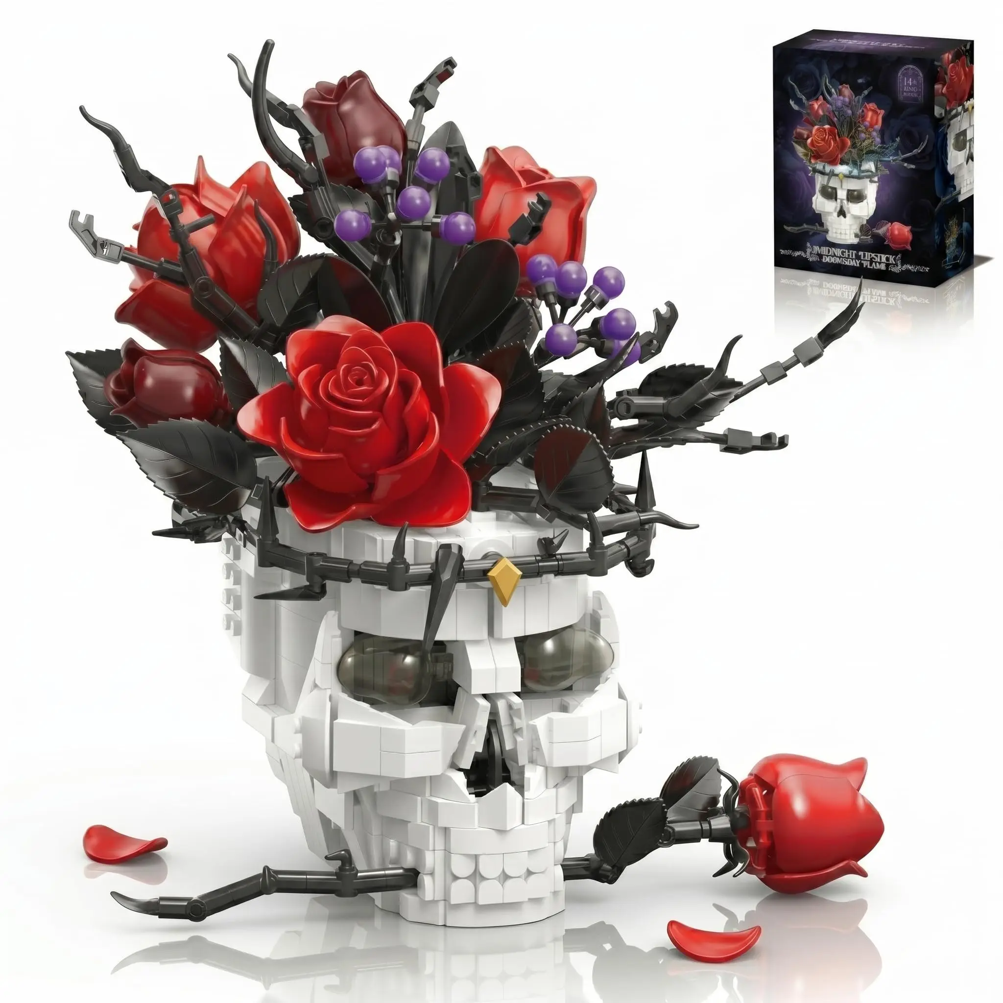 

1376PCS Gothic Skull Rose Building Blocks Set Creative Desktop Ornament Compatible with Lego Gift Home Decoration for Adults