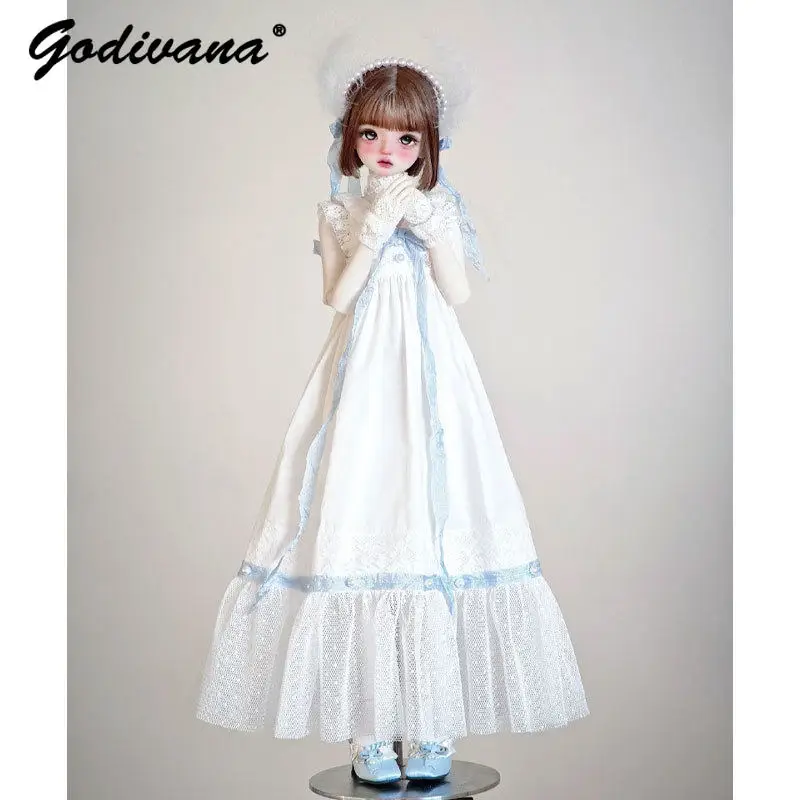 1/4 BJD Doll Clothes Elegant High End Heavy White Dress Set Exquisite Lace Ruffle Trim Mesh Patchwork Bow Feifei Sleeves Gown