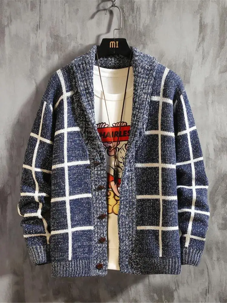 

Slim Fit Men's Knitted Cardigan Korean Sle Plaid Sweater Spring Autumn Lazy Sle Polyester Fiber Regular Sve Length