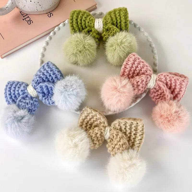 Quente tricô arco hairpin para meninas, coelho cabelo bola hairclip, doce hairpin, presilhas bonitos da criança, acessórios decorativos de moda