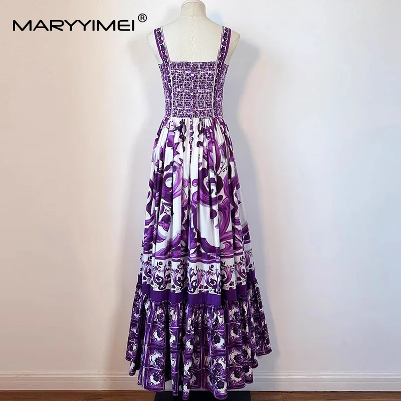 MARYYIMEI カジュアルホリデースタイルの女性のドレススパゲッティストラップバックレスパープルバロックプリントビッグスイングコットンドレス