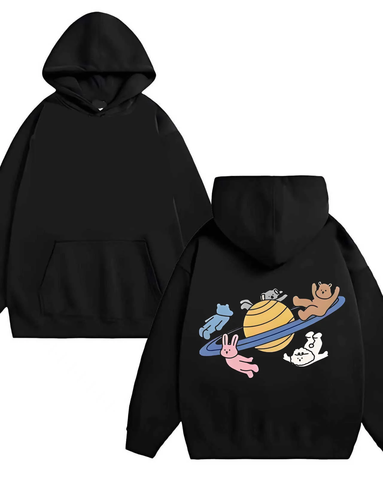 2025 جديد الحيوان كوكب طباعة هوديي 330 جرام الوزن الثقيل الأسود البلوز لطيف الدب الأرنب القط الظهر تصميم للجنسين الشارع الشهير عادية #2