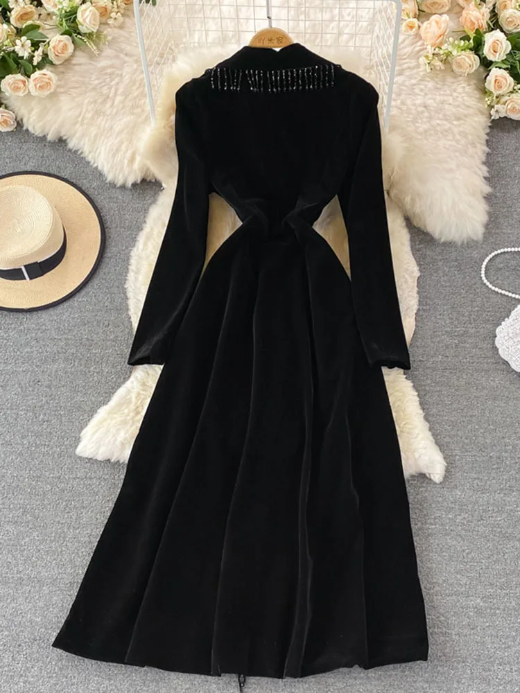 EWQ Sweet Style Women's Velvet Solid Color Tassel Patchwork Notched Solid Color High Waist Dress 2023 Autumn New Dresses SN3866