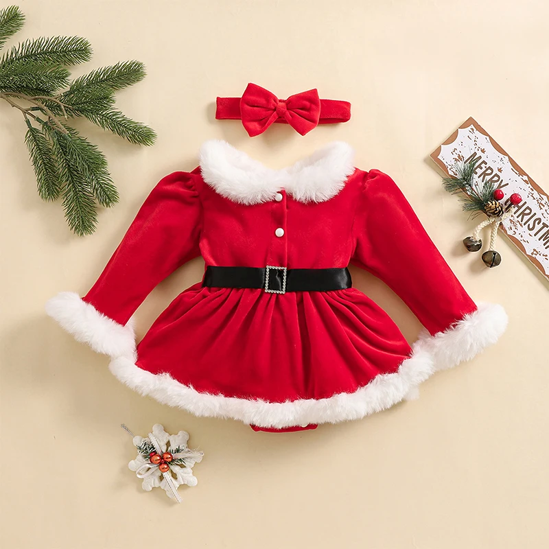 My First Christmas Baby Girl Outfit Newborn Furry Santa Outfit Cute Red Christmas Dress Romper Xmas Clothes