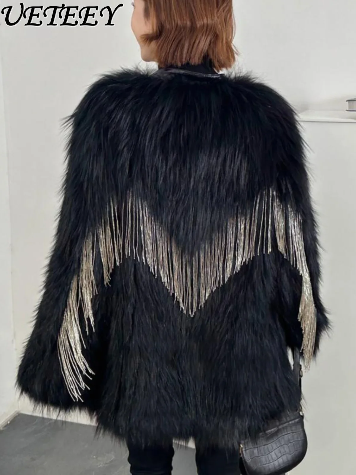 Black Tassel Imitation Fox Fur Coat Women's Winter New Young Temperament Fashion Long Sleeve Single Breasted Faux Fur Jacket