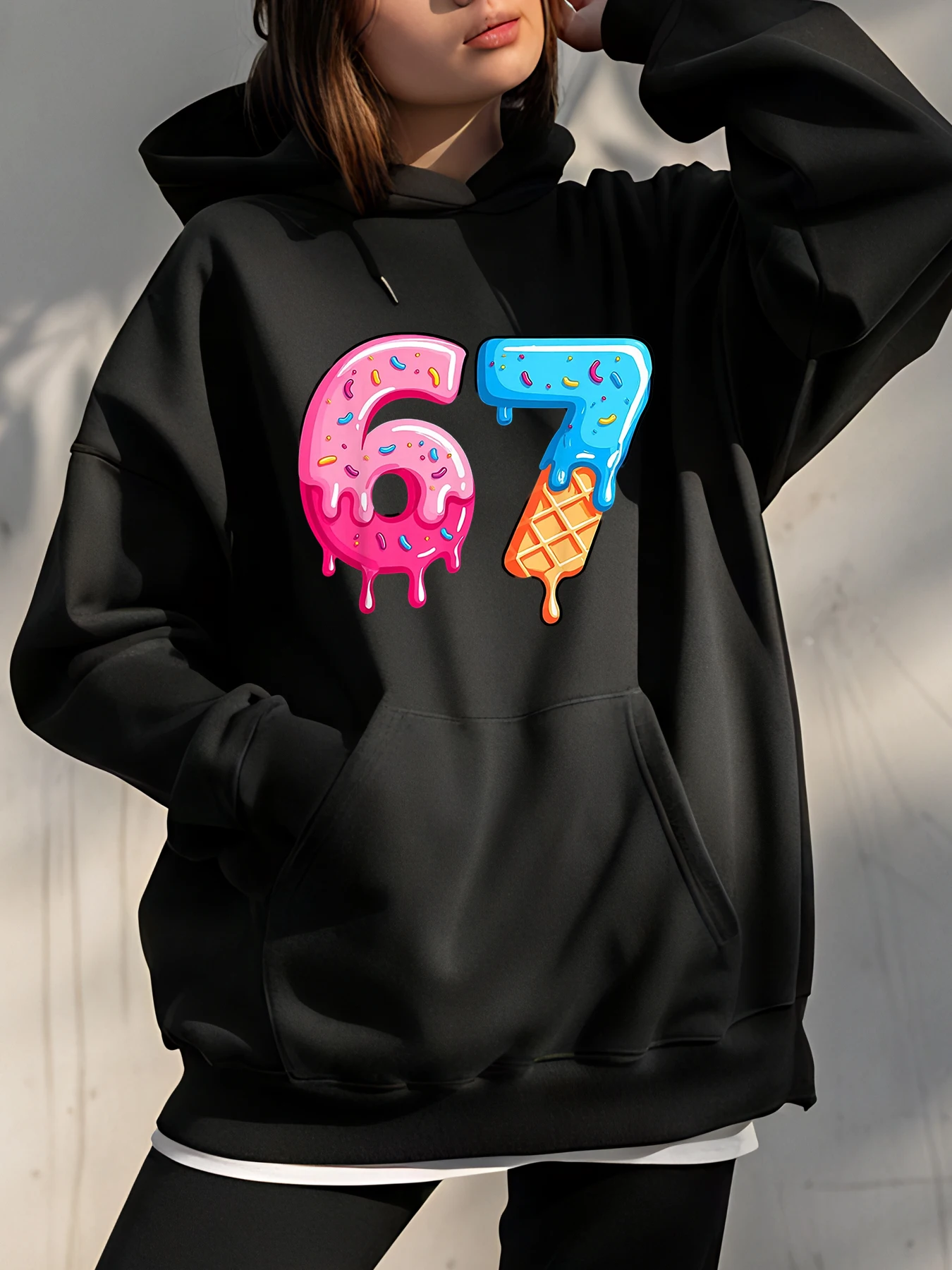 

Милая толстовка с капюшоном с принтом пончиков и мороженого 67, женская модная повседневная уличная одежда, пуловер унисекс больших размеров, наряд