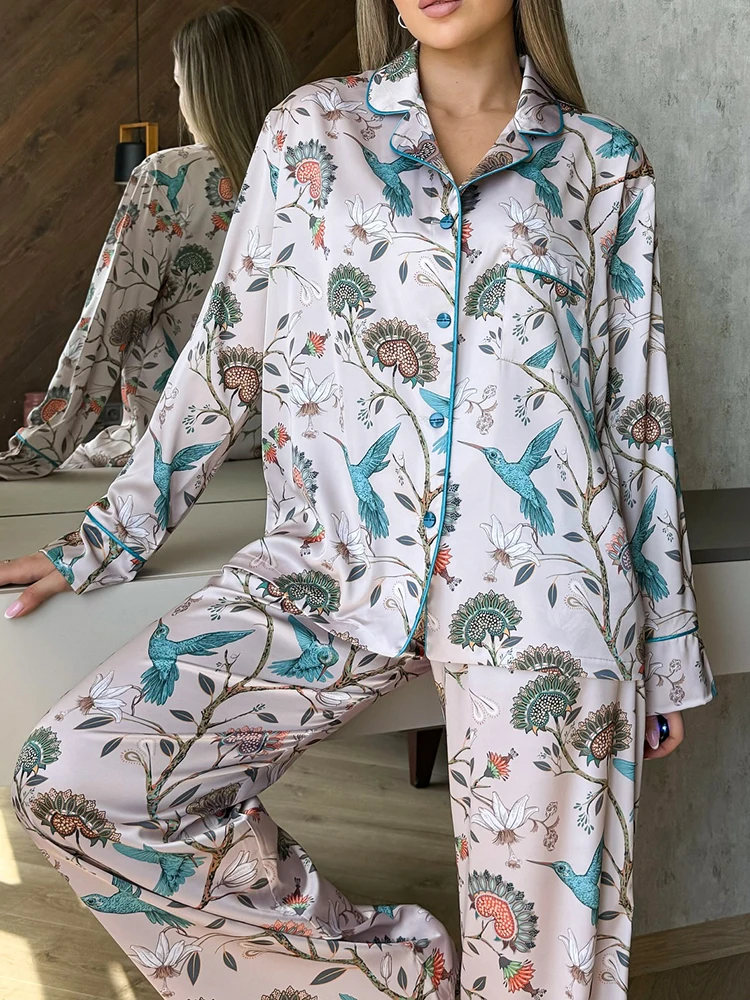 

Hiloc 2025 Autumn Elegant Floral Print Lapel Long Sleeve Pocket Suit High-End Sense Woven Pants Sets Woman Outdoor Pajama Outfit