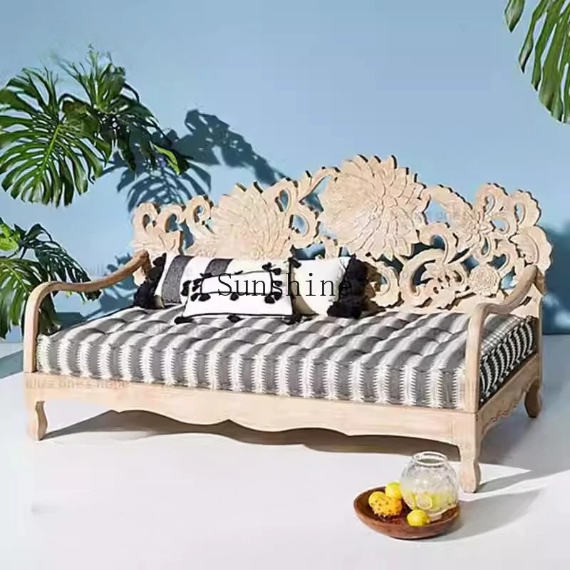 

French retro solid wood old three hand-carved peony flower sofa