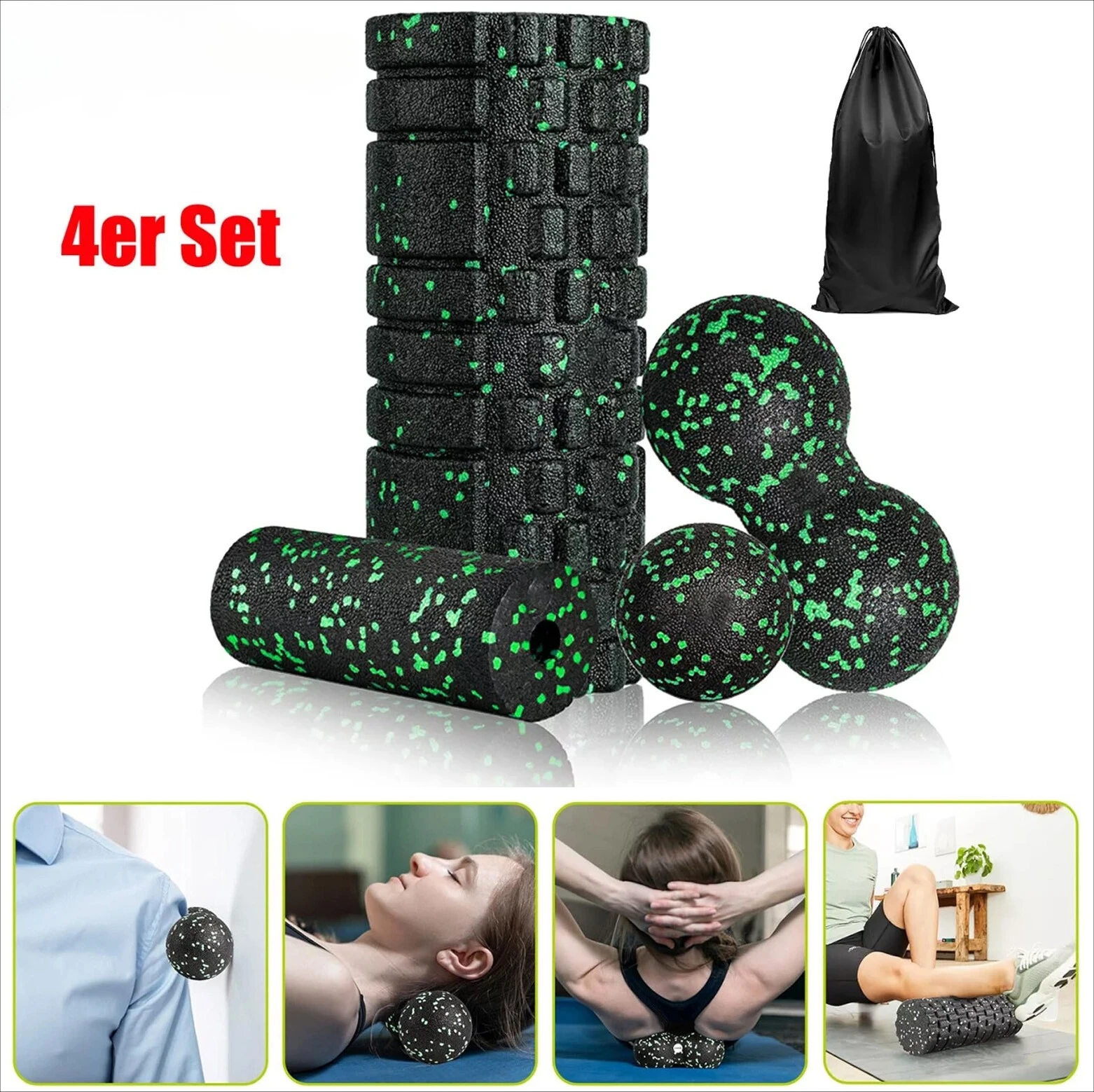 4-teiliges Schaumstoffrollen-Set mit hoher Dichte, schwarz-grün, 33 cm Faszienmassageball & Erdnussball zur Muskelentspannung, Yoga-Fitness – Detail 1
