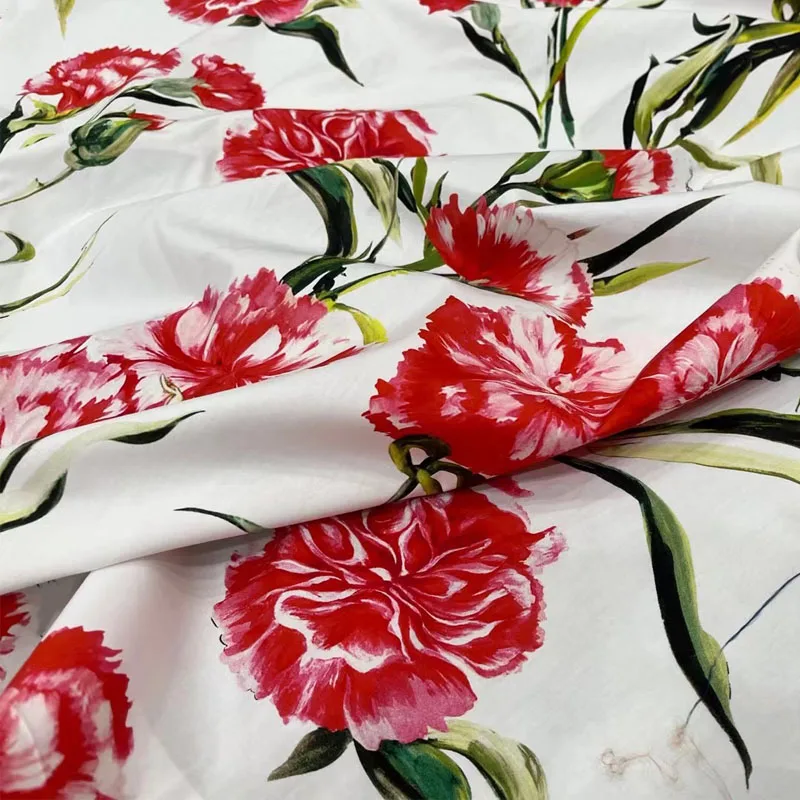 European And American Fashion Carnation Flower Printed Cotton Fabric For Women Dress Blouse Pants Handmade DIY Cloth Sewing