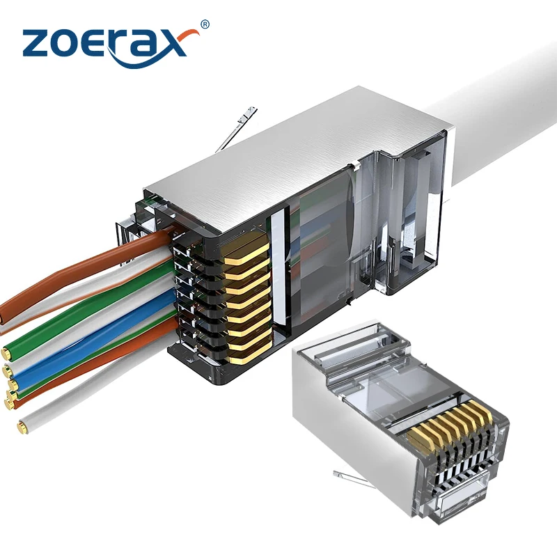 ZoeRax 50PCS RJ45 Cat5e Cat6 Connectors - Pass Through Connector 30μ Gold Plated 3 Prong 8P8C Modular Plugs - 1.1mm