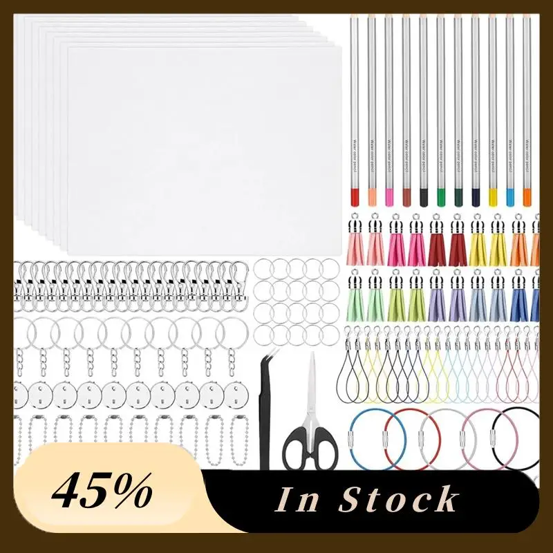 

Набор для творчества: термоусадочная бумага A60, термоусадочные пластиковые листы, цветные карандаши, кисточки, брелоки, заколки для волос, дырокол.